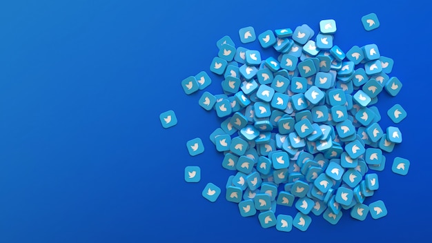 青い背景の上にTwitterのロゴが付いた正方形のバッジの束の3Dレンダリング