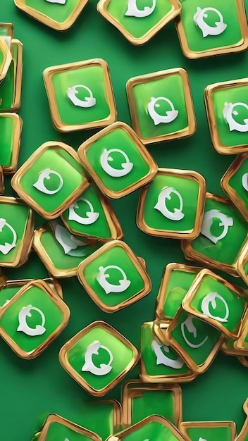 3d rendering of a bunch of square badges with the whatsapp logo over green background