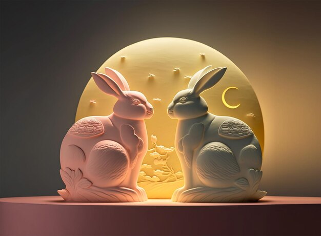 3D rendering of bunny rabbits with moon on stage Mid Autumn festival