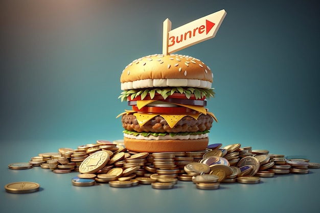 3d rendering of burger on coins and arrow pointing up concept of food inflation 3d render illustration cartoon style