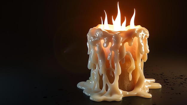 Foto rendering 3d di una candela in fiamme con cera fusa la candela è su uno sfondo nero e la cera gocciola dai lati