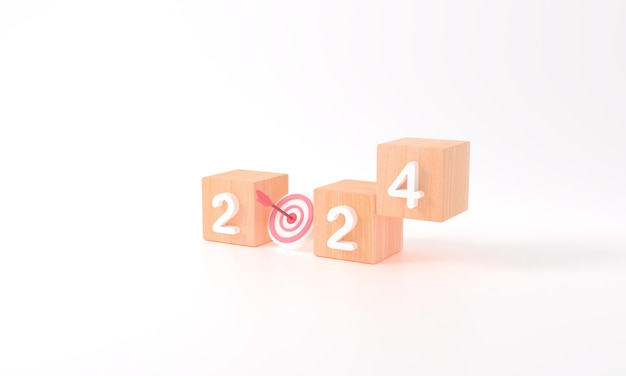 Photo 3d rendering of business target goals in 2024 concept happy new year wooden cubes 2024 with white background copy space starting business plan illustration minimal simple target calendar year