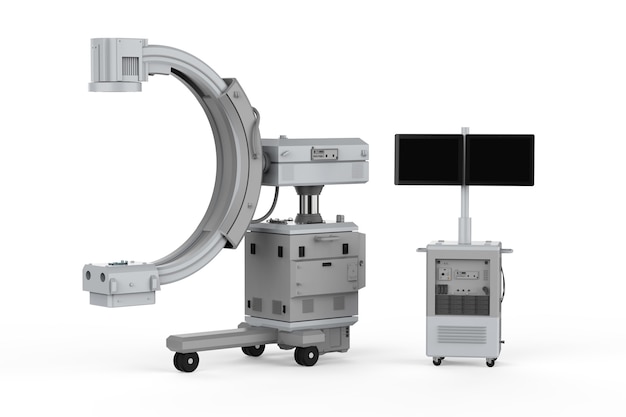 3D-rendering C-Arm machine met monitor op witte achtergrond