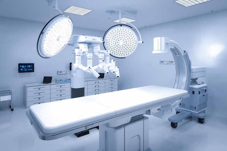 Photo 수술 로봇이 있는 3d 렌더링 c-arm 스캔 기계