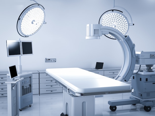 3D-rendering C-Arm-scanmachine met leeg bed