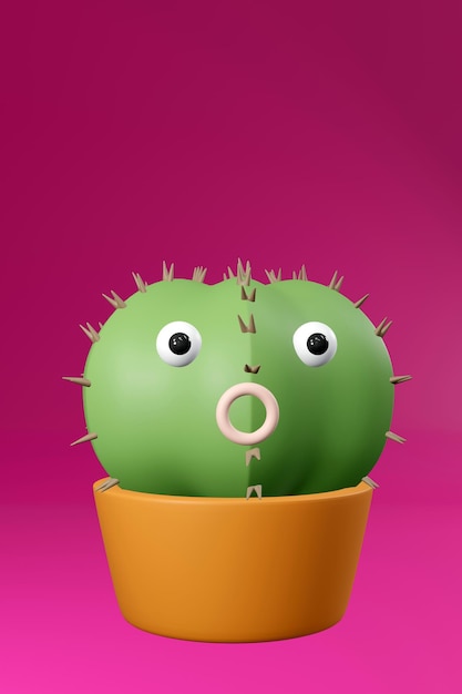 Rendering 3d modello di cartone animato cactus su sfondo rosa