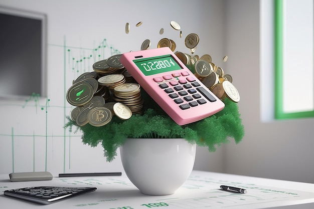 3d rendering of calculator with tax on screen with cryptocurrency symbol coins and stock market graph in green on background concept of crypto tax 3d render illustration