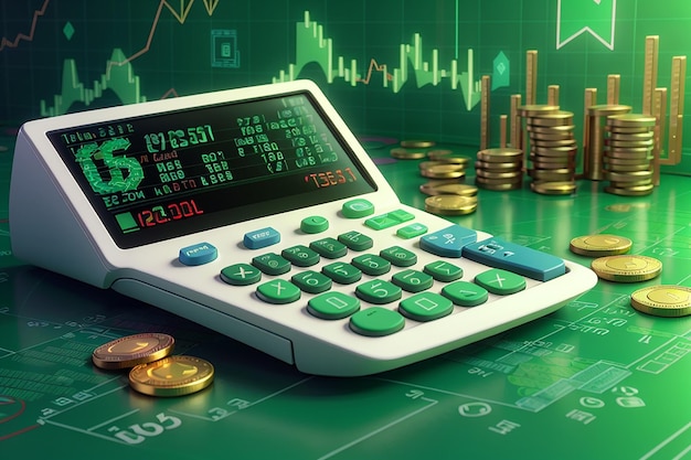 3d rendering of calculator with tax on screen with cryptocurrency symbol coins and stock market graph in green on background concept of crypto tax 3d render illustration