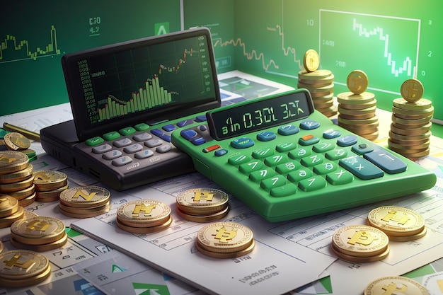 3d rendering of calculator with tax on screen with cryptocurrency symbol coins and stock market graph in green on background concept of crypto tax 3d render illustration