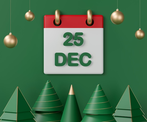 3d-рендеринг календаря с датой Рождества на зеленом фоне