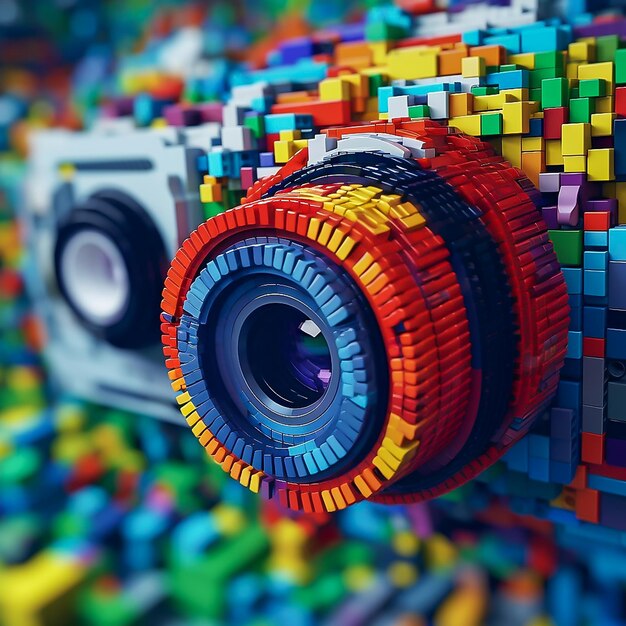 Photo 3d rendering of camera lens over colorful cubes background in high resolution