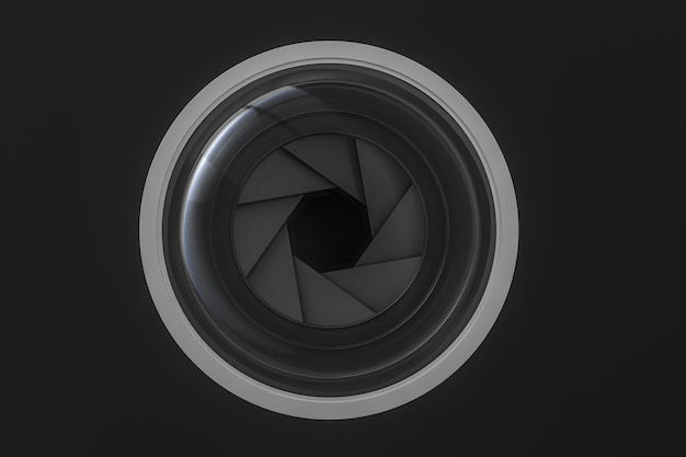 Photo 3d rendering camera lens in a dark studio background