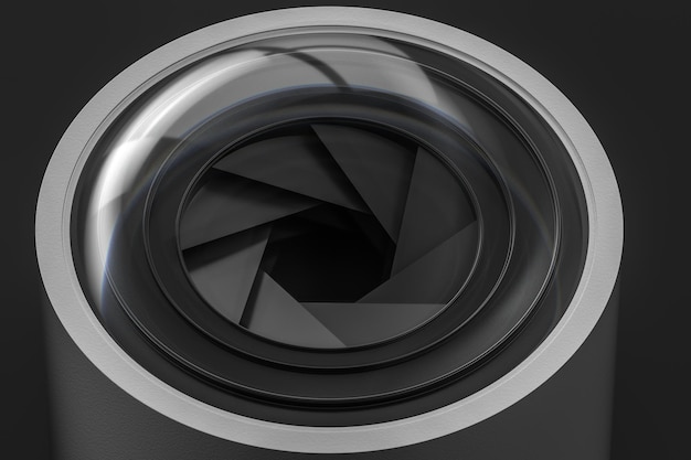 Photo 3d rendering camera lens in a dark studio background