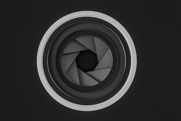 3D-rendering cameralens in een donkere studio achtergrond