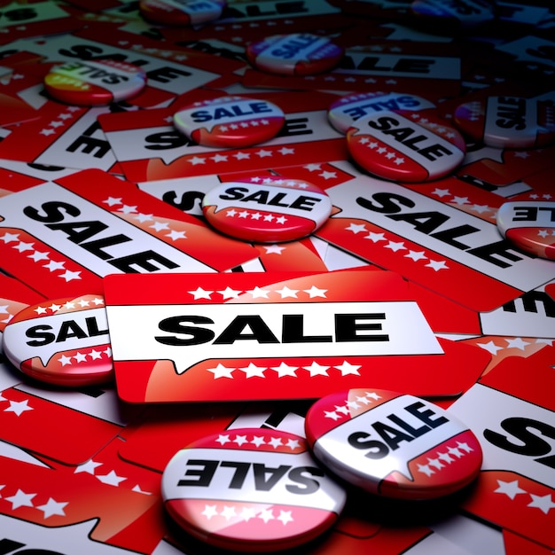 Photo 3d rendering of a campaign surface full of badges and signs with the word sale