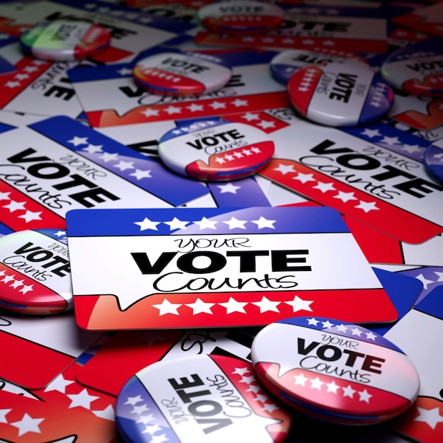 3d rendering of a campaign surface with badges and banners with the motto your vote counts