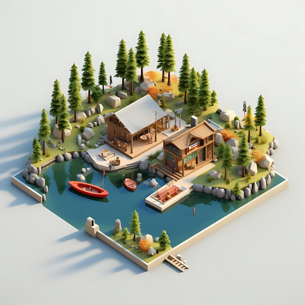 3d rendering of canoe rental city isometric miniature
