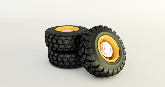 3D rendering of car tires isolated on white car wheels set. 