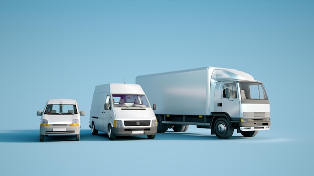 3D rendering of a car, a van  and a truck