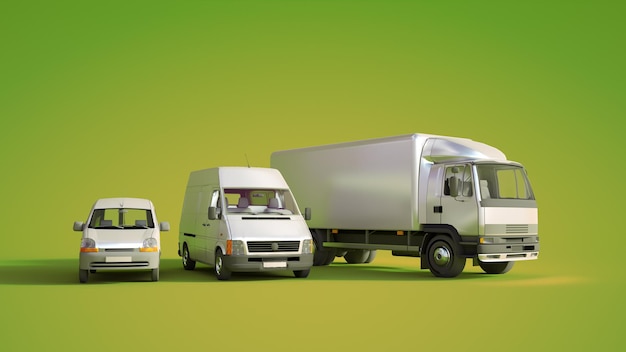 3D rendering of a car, a van  and a truck