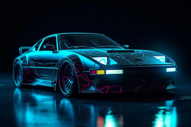 3D rendering of a car with neon lights on a dark background generative ai