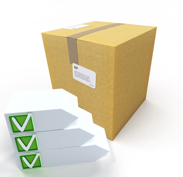 3D rendering of a cardboard box with customizable ticked checklist