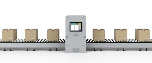 3d rendering cardboard boxes on conveyor line with machine