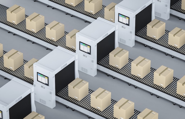 Foto scatole di cartone di rendering 3d sulla linea di trasporto con la macchina