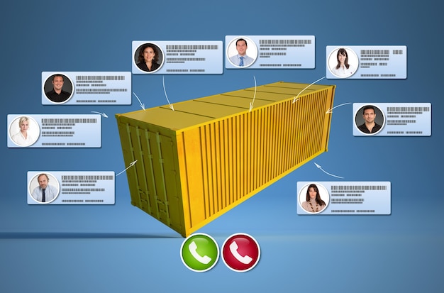 Rendering 3d di un container collegato a diversi contatti commerciali che effettuano una chiamata in conferenza