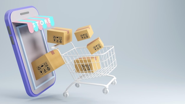 3d rendering of carton boxes in shopping cart and smartphone digital online business concept