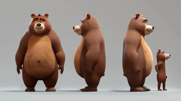 Photo 3d rendering of a cartoon bear the bear is brown and has a friendly expression on its face it is standing on all fours and looking at the viewer