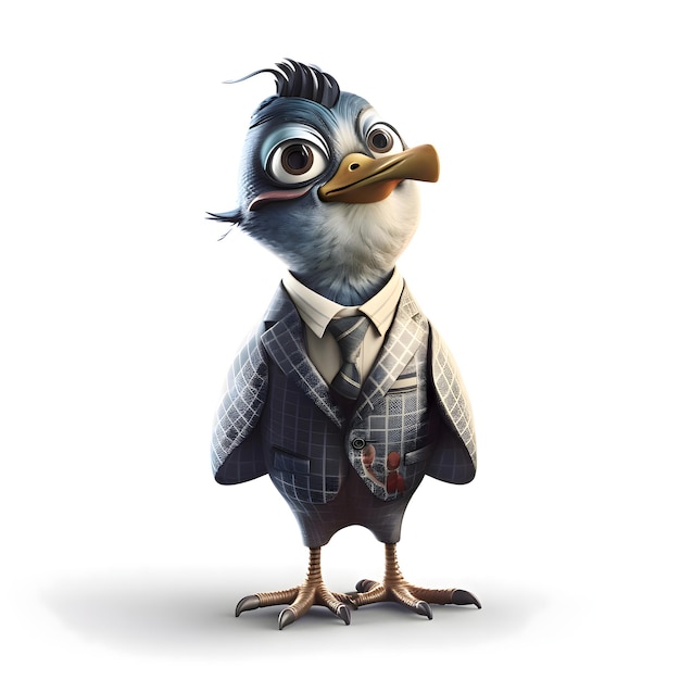 3D rendering of a cartoon business bird isolated on white background