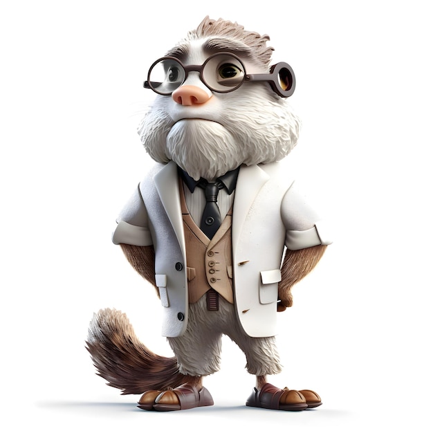 3D rendering of a cartoon character in a coat and glasses