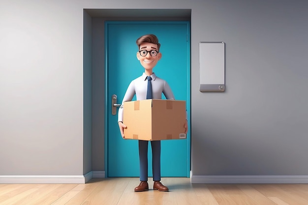 3d rendering Cartoon character man with carton box Office door with signboard vacant