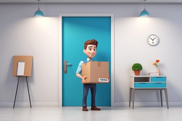 Photo 3d rendering cartoon character man with carton box office door with signboard vacant