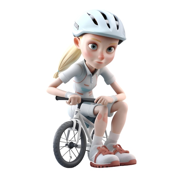 3D-рендеринг мультяшного персонажа с велосипедом, изолированным на белом