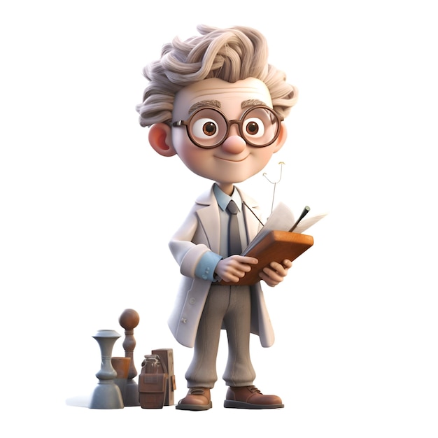 3D rendering of a cartoon character with a book and chess pieces