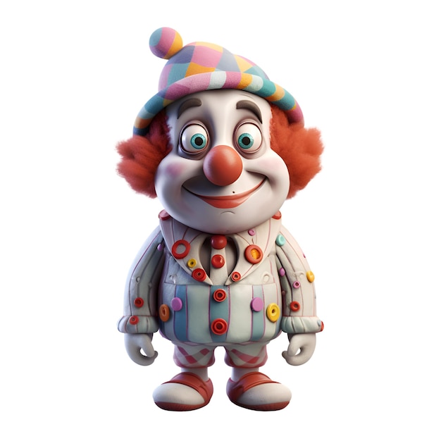 3D-рендеринг персонажа мультфильма в костюме клоуна на белом фоне