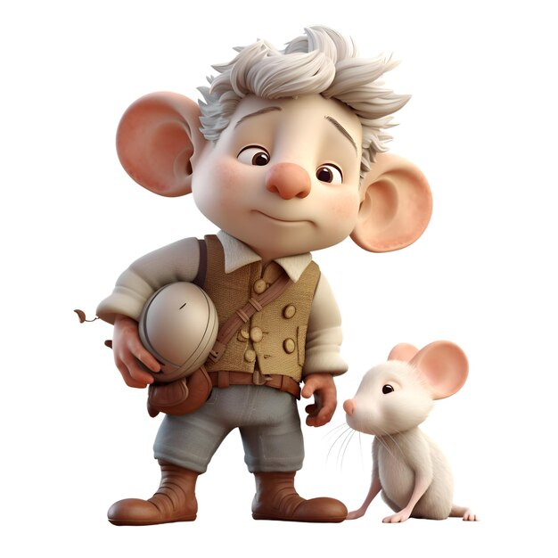 Foto rendering 3d di un personaggio dei cartoni animati con un mouse su sfondo bianco