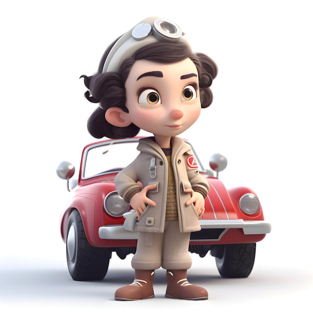 3D-рендеринг персонажа мультфильма с старинной машиной на белом фоне