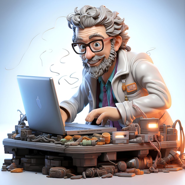 Photo 3d rendering of a cartoon character working on a laptop computer