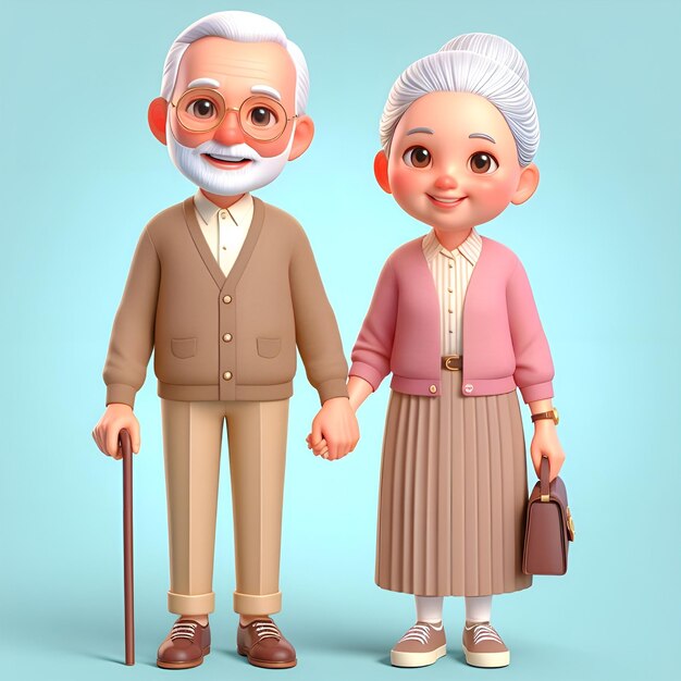 Photo 3d rendering cartoon characters of old man and woman holding hands