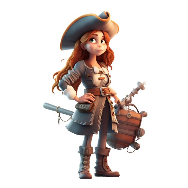 3D rendering of a cartoon girl pirate isolated on white background