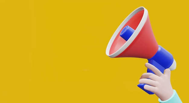 3d rendering cartoon hand holding megaphone on yellow background with copy space