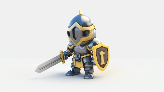 A 3D rendering of a cartoon knight The knight is wearing silver armor and a gold cape He is holding a sword and a shield with the letter I on it