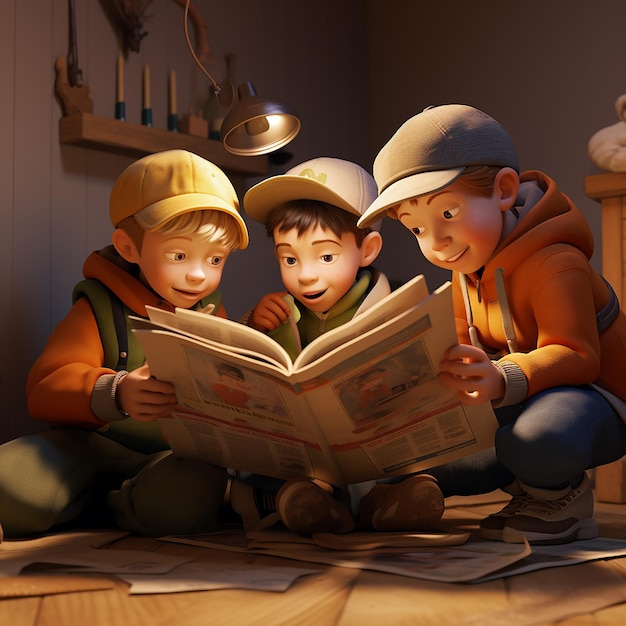Photo 3d rendering of cartoon like boys reading