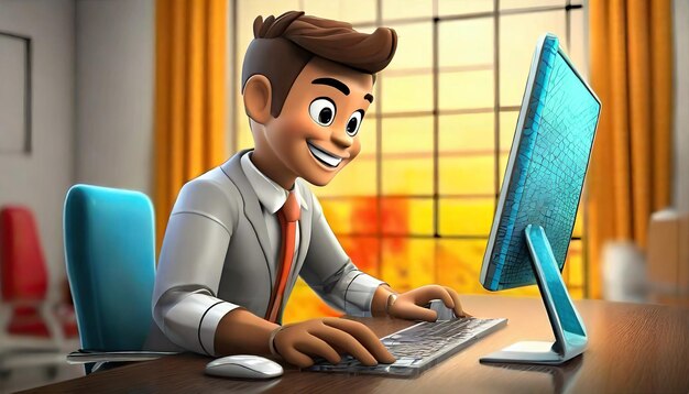 Foto rendering 3d di cartoni animati come un uomo che lavora al computer