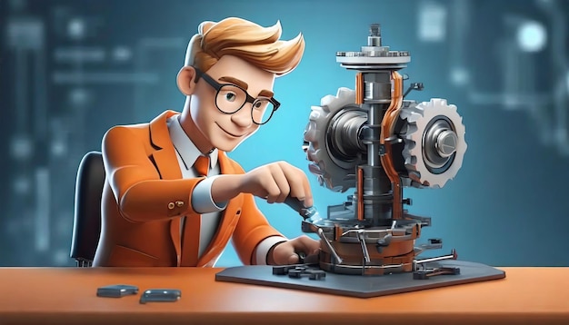 Photo 3d rendering of cartoon like man working on mechanism