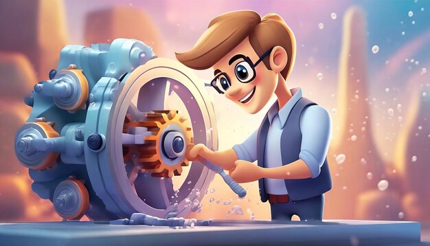 3d rendering of cartoon like man working on mechanism