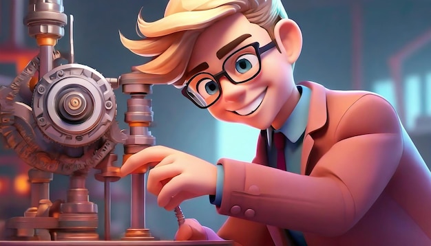 3d rendering of cartoon like man working on mechanism